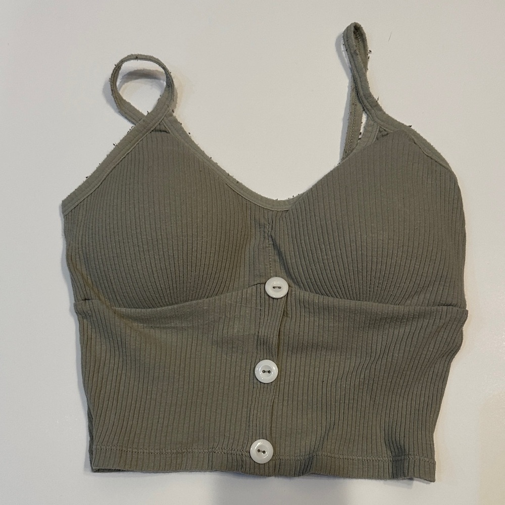 Olive Button-Up Ribbed Crop Top with built in bra